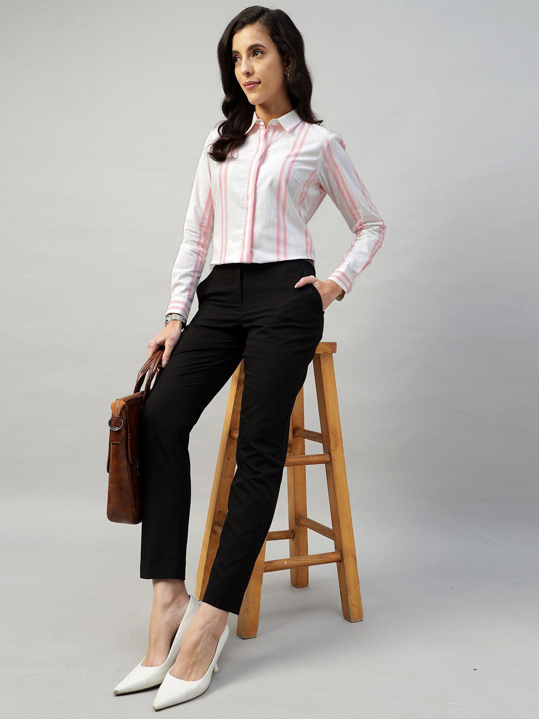 Hancock Women White & Pink Striped Pure Cotton Regular Fit Formal Shirt