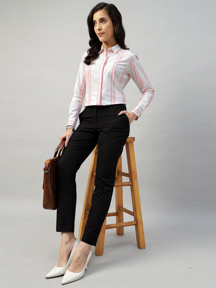 Hancock Women White & Pink Striped Pure Cotton Regular Fit Formal Shirt