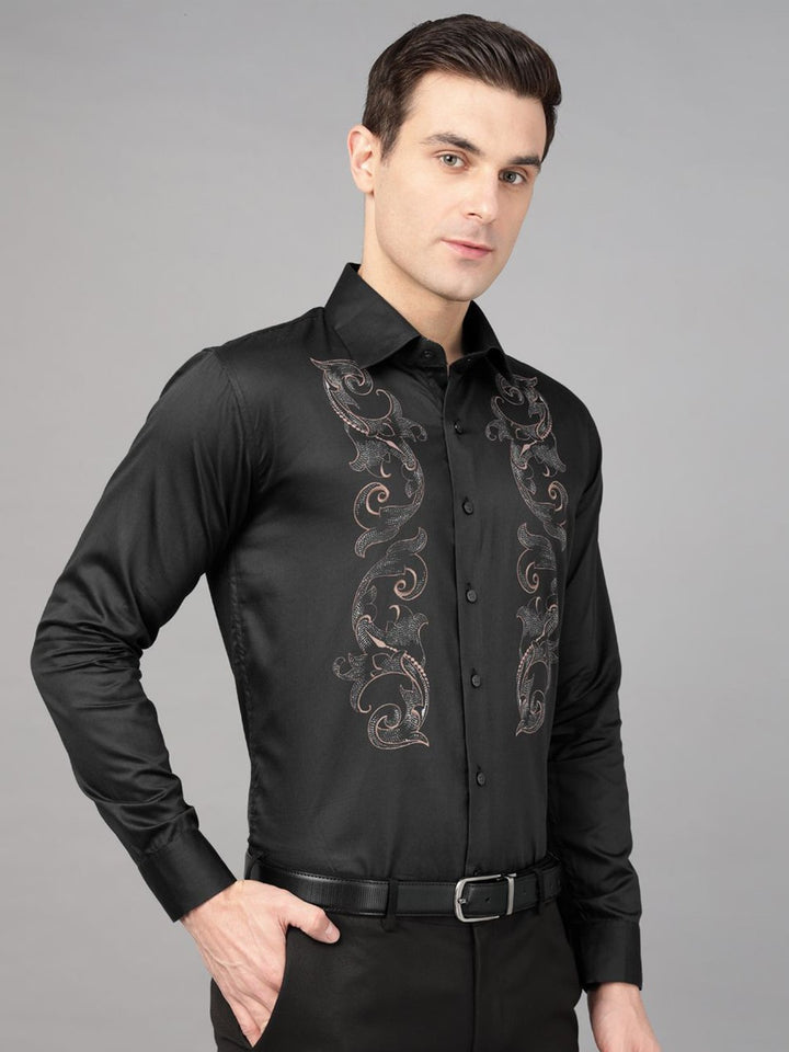 Hancock Men Black Print Wrinkle Free Pure Cotton Satin Slim Fit Party Shirt