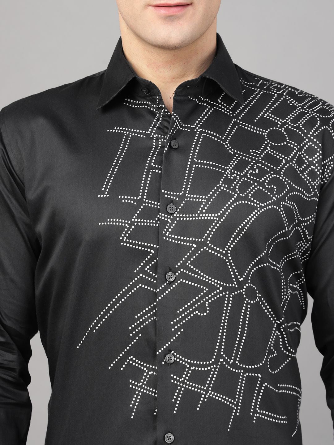 Hancock Men Black Print Wrinkle Free Pure Cotton Satin Slim Fit Party Shirt