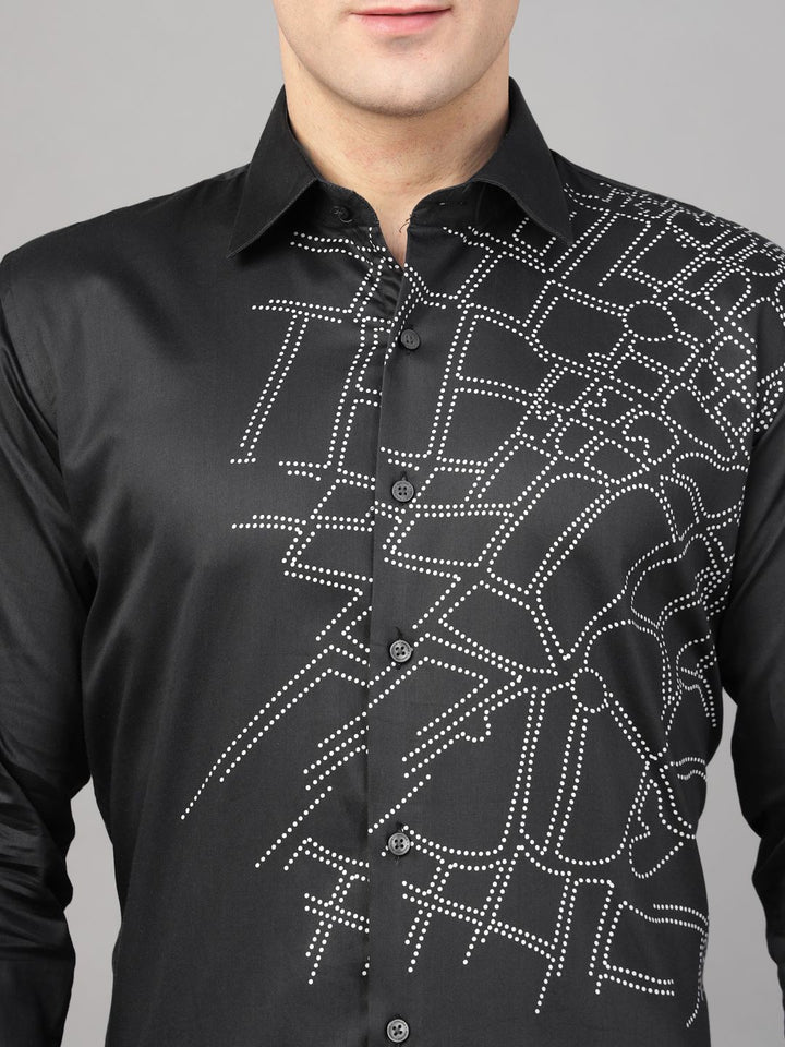 Hancock Men Black Print Wrinkle Free Pure Cotton Satin Slim Fit Party Shirt