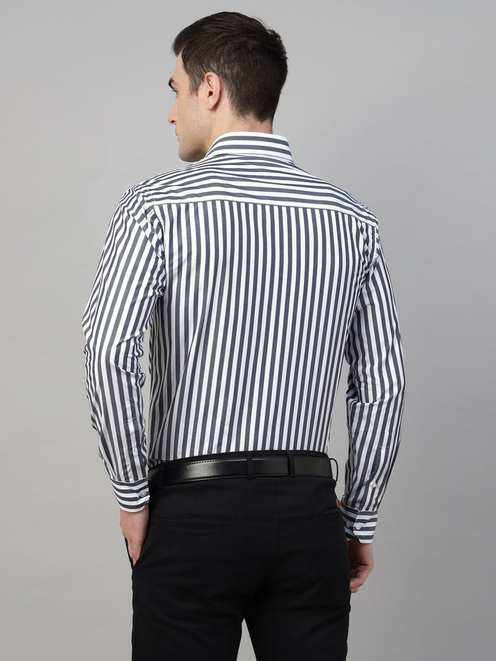 Men White & Grey Stripe Cotton Slim Fit Formal Shirt