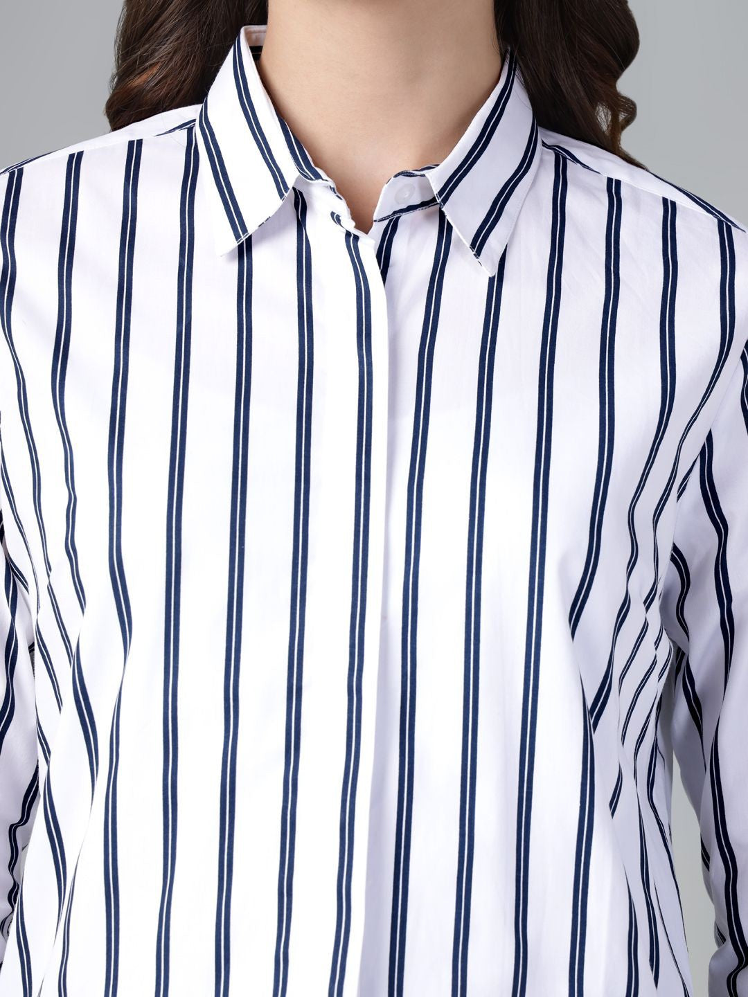 Hancock Women White & Navy Stripe Pure Cotton Regular Fit Casual Shirt