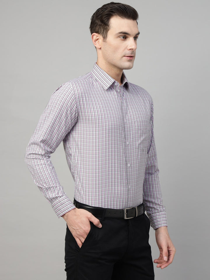 Men Grey & Purple Check Cotton Slim Fit Formal Shirt