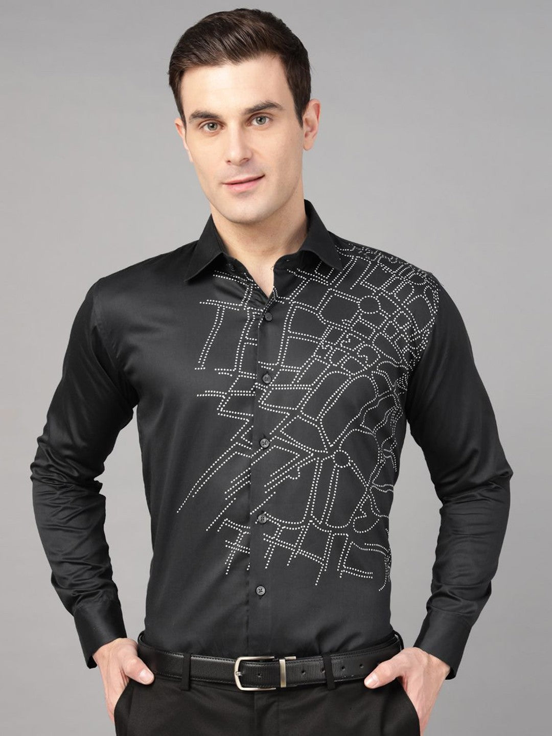 Hancock Men Black Print Wrinkle Free Pure Cotton Satin Slim Fit Party Shirt