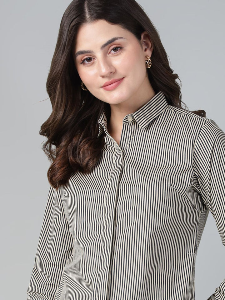  hancock black &amp; brown striped spread collar casual shirt 