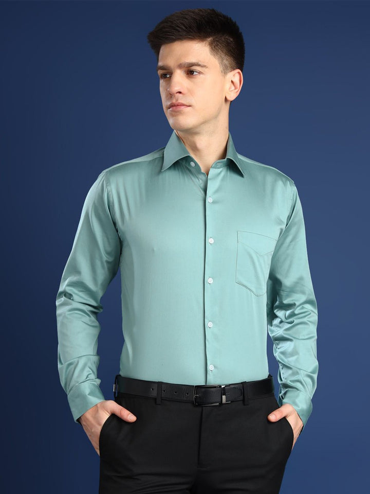 Hancock Men Jade Green Solid Cotton Elastene Slim Fit Party Shirt