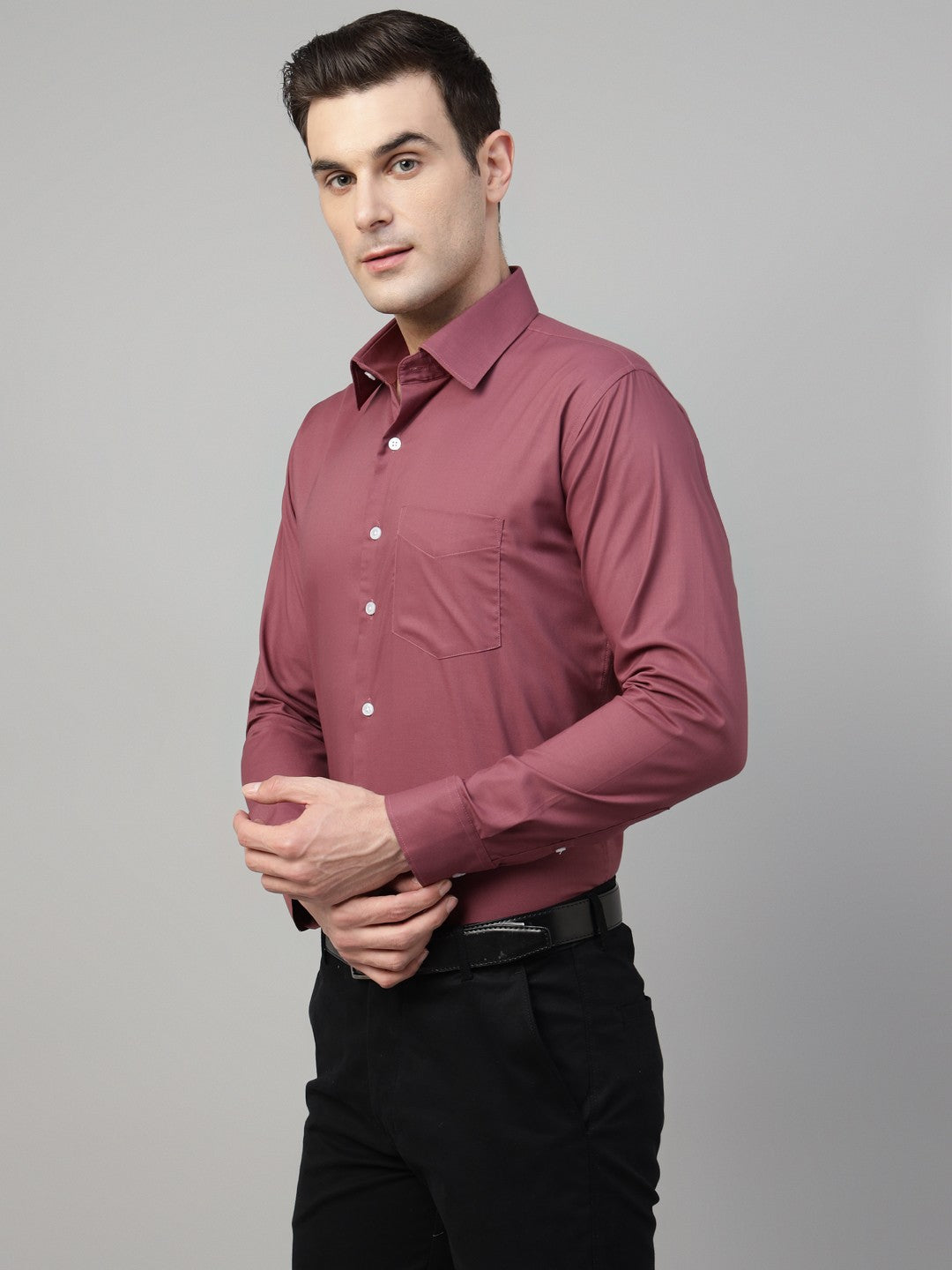 Men Grape Red Solid Stretchable Slim Fit Formal Shirt