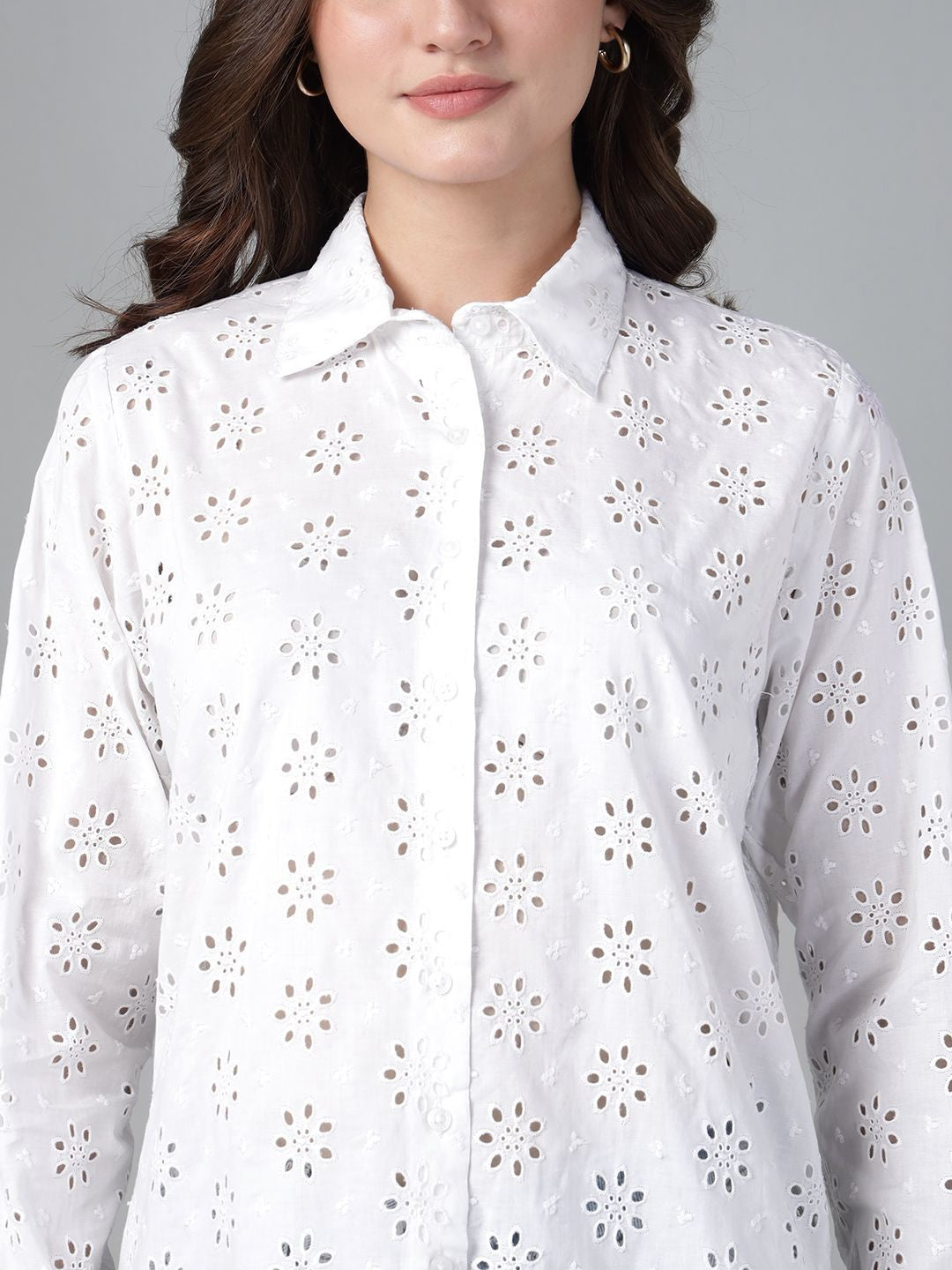 Hancock Women White Solid Schiffli Pure Cotton Relaxed Fit Casual Shirt