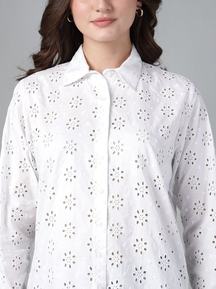 Hancock Women White Solid Schiffli Pure Cotton Relaxed Fit Casual Shirt