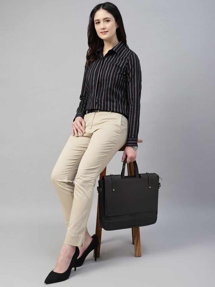 Hancock Women Navy Blue Stripe Pure Cotton Regular Fit Formal Shirt