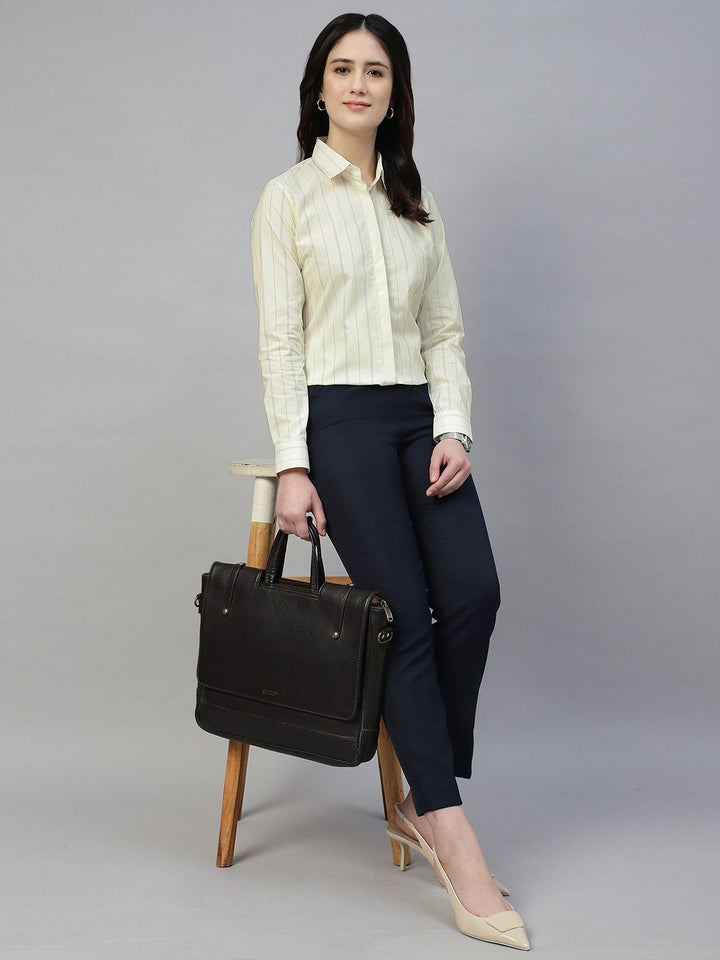 Hancock Women Cream Stripe Pure Cotton Regular Fit Formal Shirt