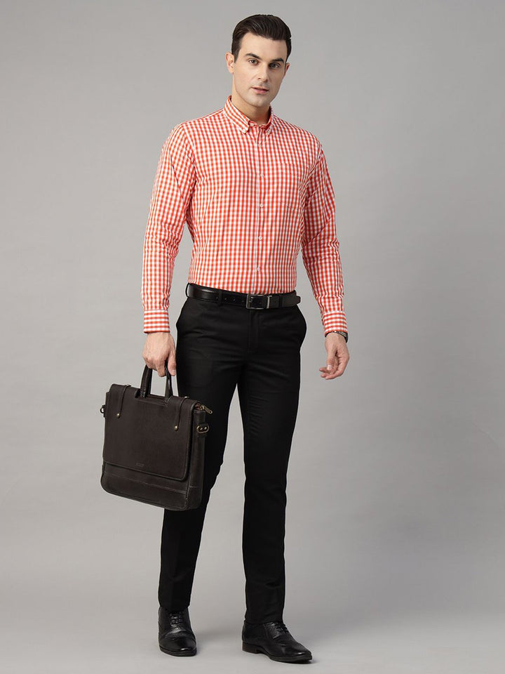 Hancock Men Orange Check Pure Cotton Slim Fit Formal Shirt
