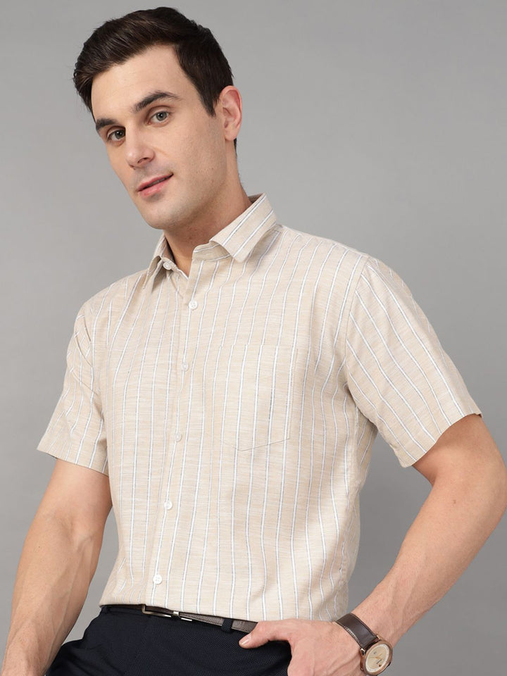 Hancock Men Beige Stripe Pure Cotton Slim Fit Formal Shirt