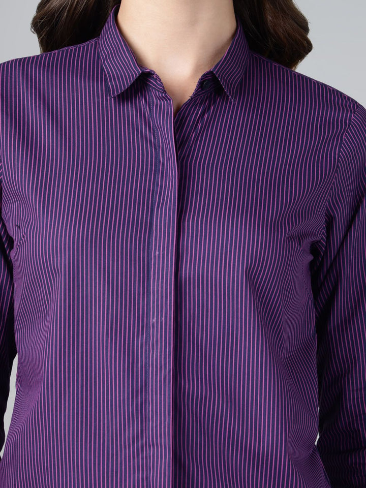 Hancock Women Navy Blue Stripe Pure Cotton Slim Fit Casual Shirt