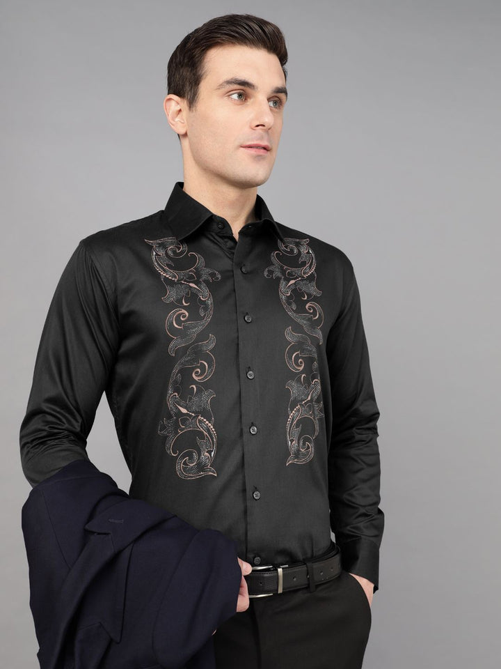 Hancock Men Black Print Wrinkle Free Pure Cotton Satin Slim Fit Party Shirt