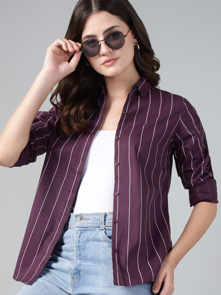 Hancock Women Wine Stripe Pure Cotton Slim Fit Casual Shirt