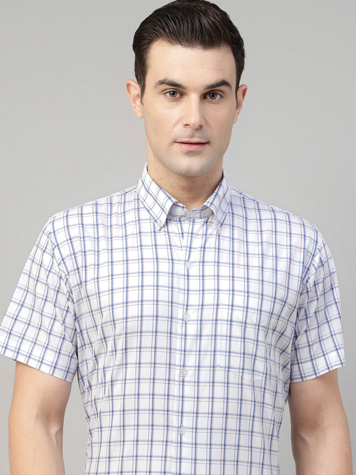 White tartan checked pure cotton button down short sleeves shirt