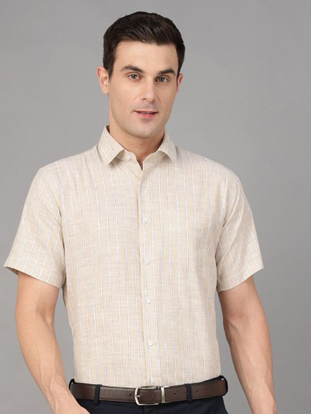 Hancock Men Beige Stripe Pure Cotton Slim Fit Formal Shirt