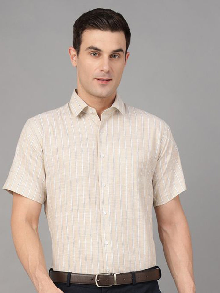 Hancock Men Beige Stripe Pure Cotton Slim Fit Formal Shirt