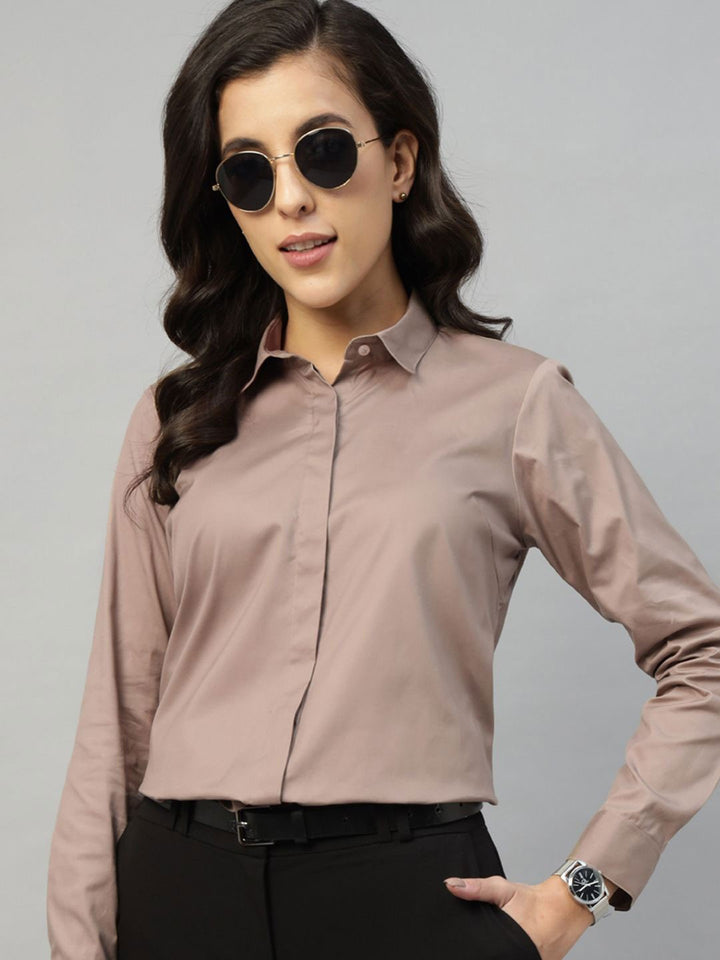 Hancock Women Camel Solid Pure Cotton Regular Fit Formal Shirt