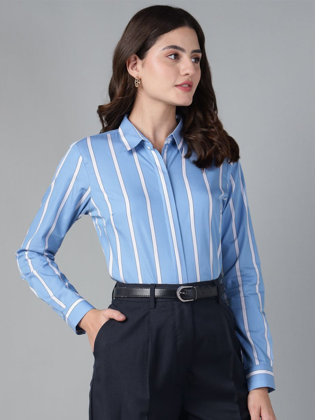 Hancock Women Blue & White Stripe Pure Cotton Regular Fit Formal Shirt