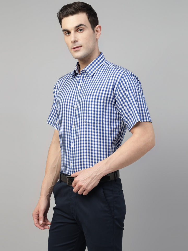 Men White & Blue Check Cotton Slim Fit Formal Shirt