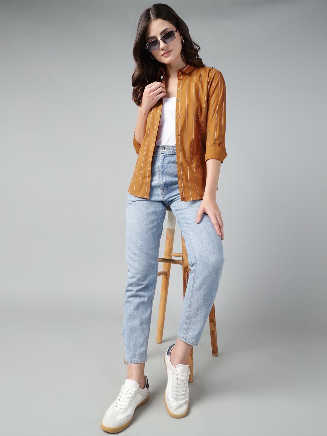 Hancock Women Mustard Stripe Pure Cotton Slim Fit Casual Shirt