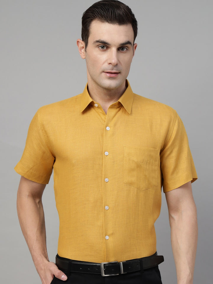 Mustard solid pure linen short sleeves shirt 