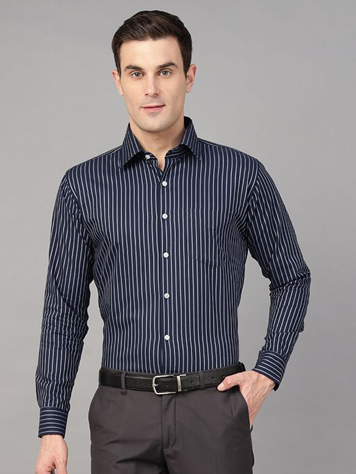 Hancock Men Navy Blue Stripe Pure Cotton Slim Fit Formal Shirt