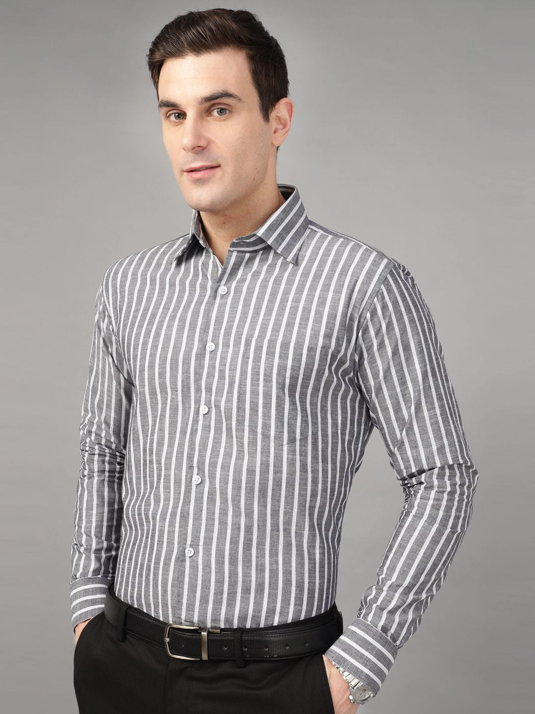 Hancock Men Grey & White Stripe Pure Cotton Slim Fit Formal Shirt