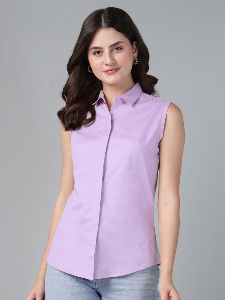 Hancock Women Lavender Solid Pure Sleeveless Cotton Slim Fit Formal Shirt