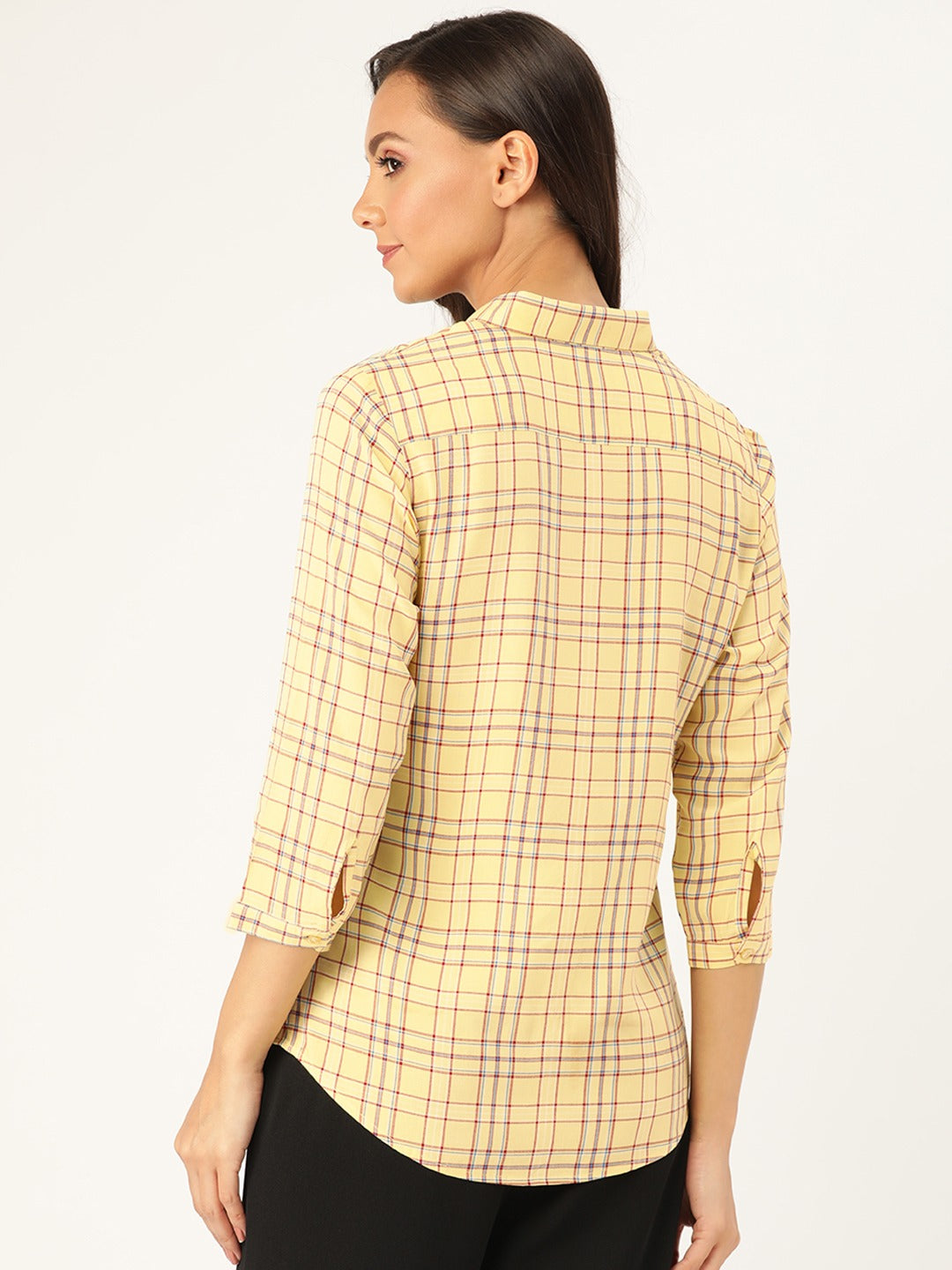 Women Yellow Checks Viscose Rayon Slim Fit Formal Shirt