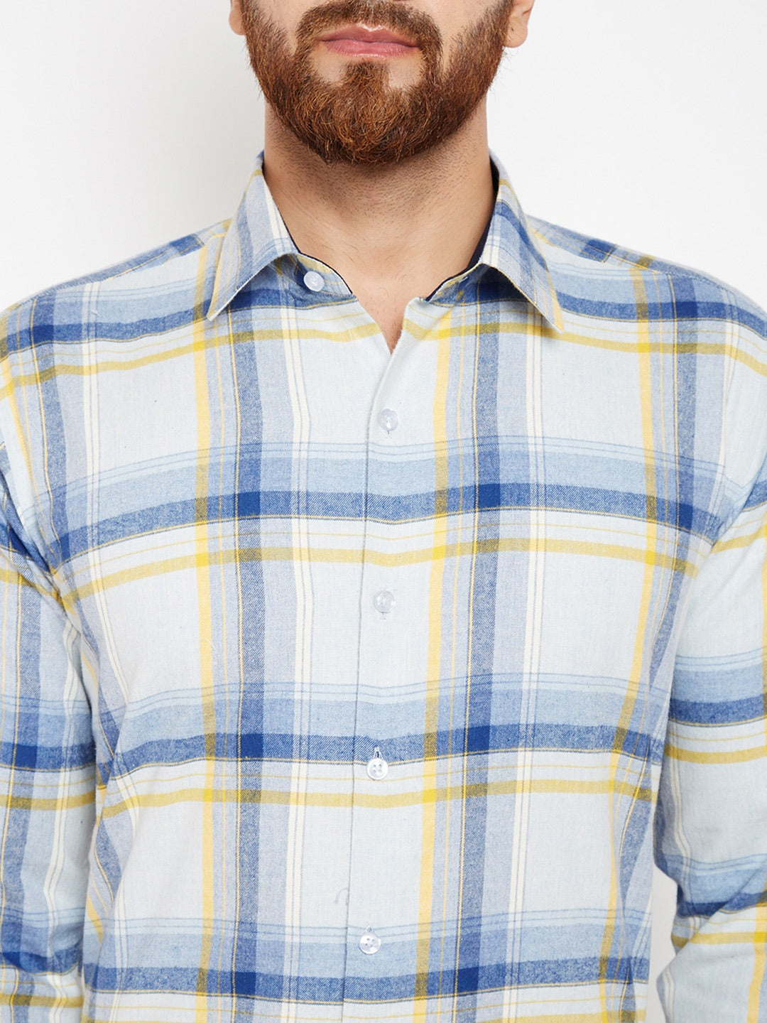 Men Grey-Yellow Checks Pure Cotton Slim Fit Formal Shirt