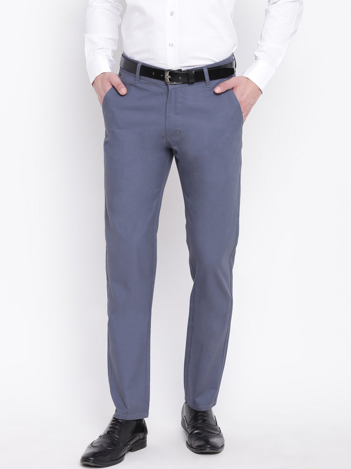 Men Blue Pure Cotton Solid Slim Fit Casual Trouser