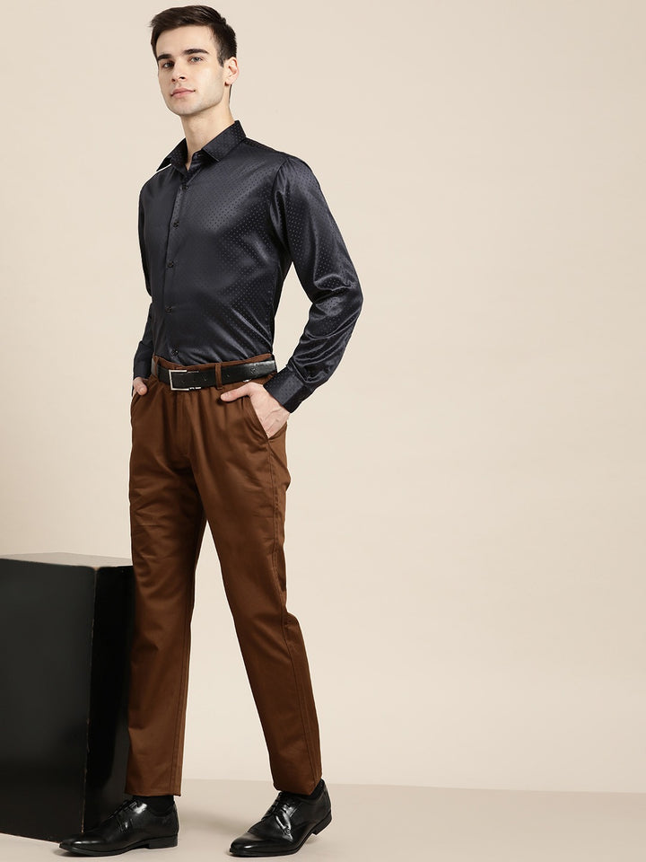Men Navy Blue Solid Self Design Polyester Satin Slim Fit Party Formal Shirt