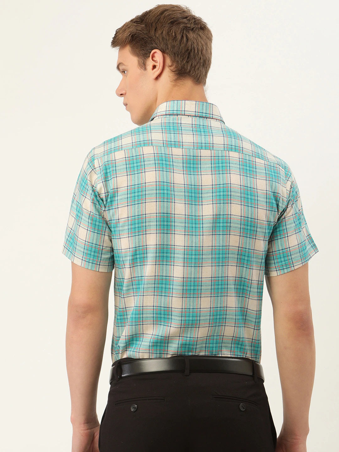Men Beige & Green Checks Pure Cotton Slim Fit Formal Shirt