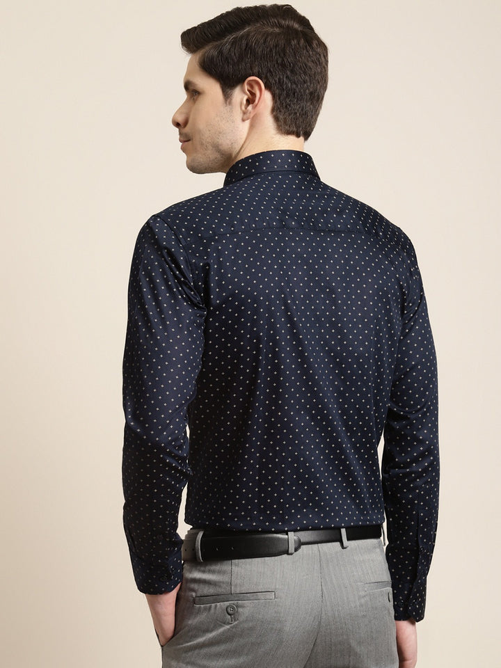 Men Navy Blue Prints Pure Cotton Slim Fit Formal Shirt