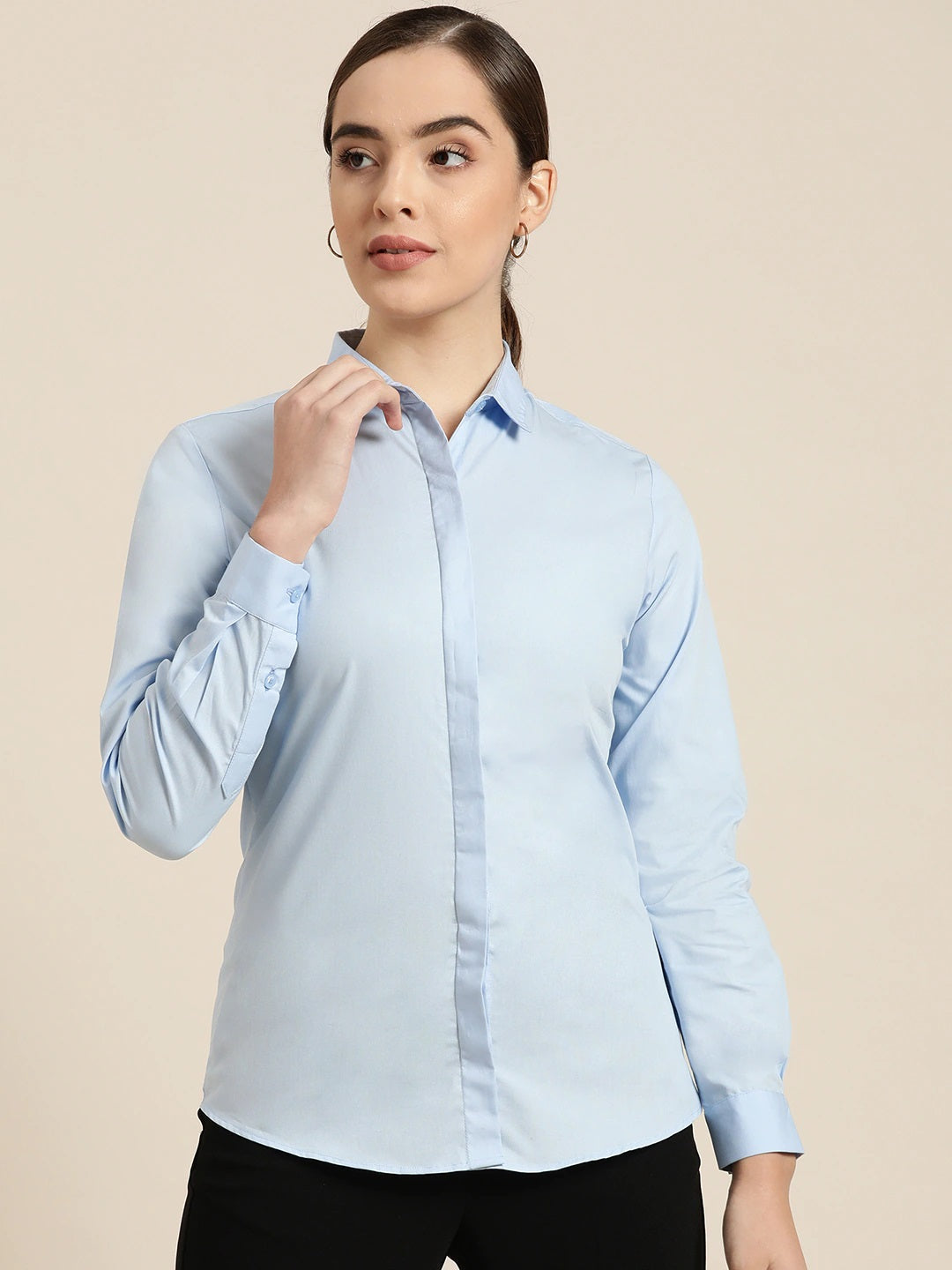 Women Sky Blue Solid Pure Cotton Slim Fit Formal Shirt