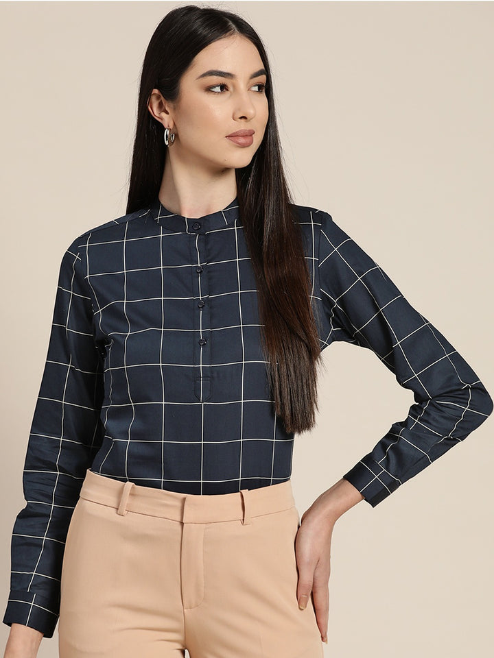 Women Navy Checked Cotton Slim Fit Formal Shirt