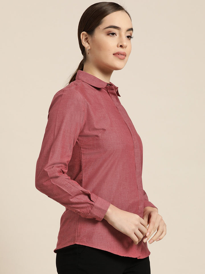 Women Maroon Solid Pure Cotton Slim Fit Formal Shirt