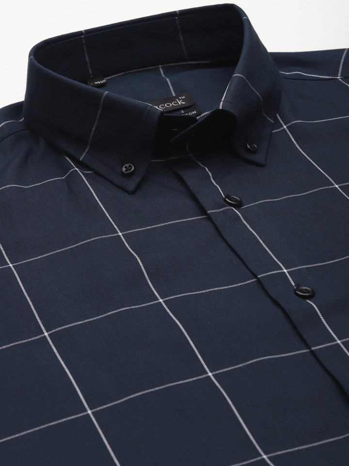 Men Navy Blue Checks Pure Cotton Slim Fit Formal Shirt