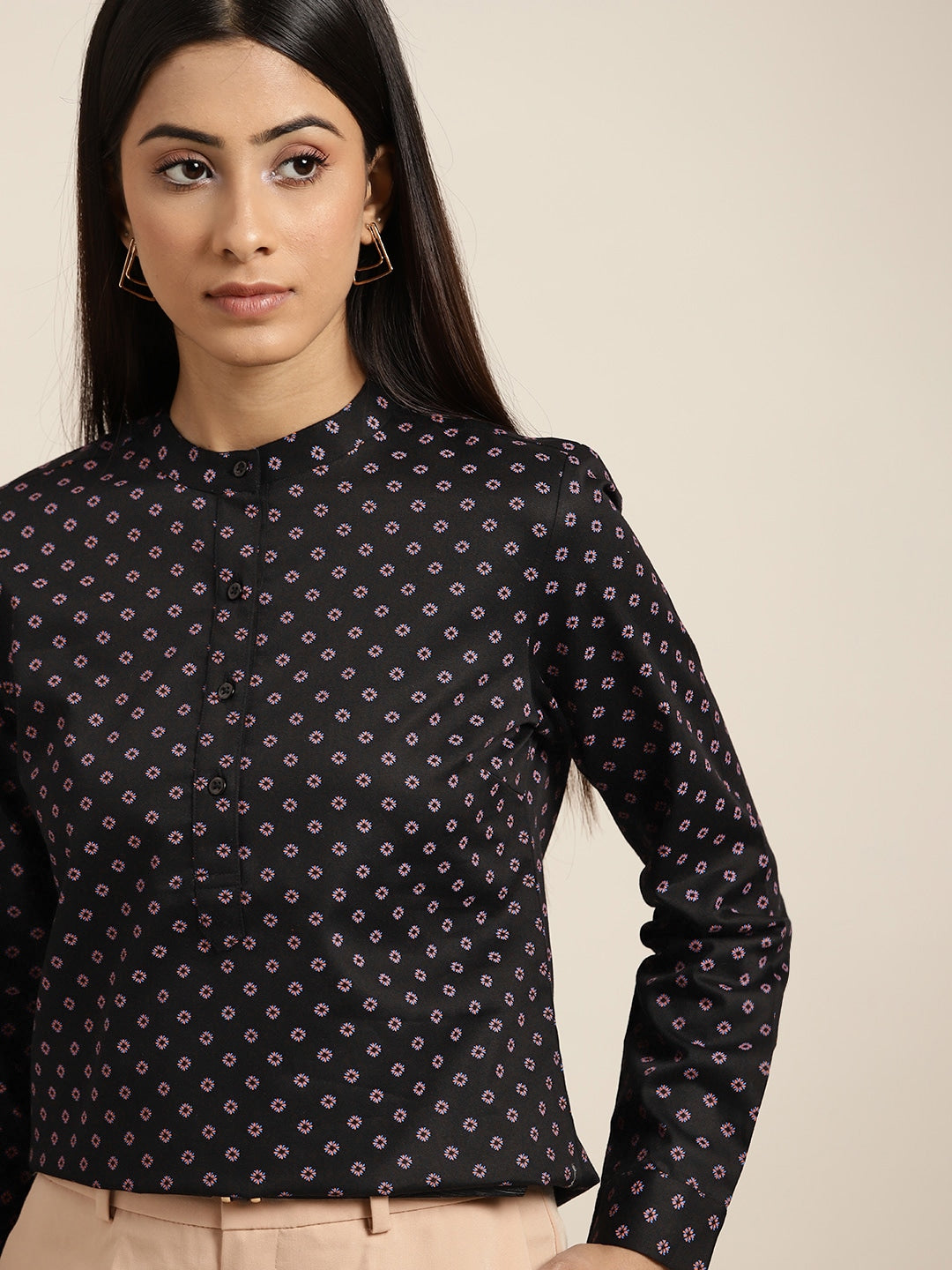 Women Black Printed Pure Cotton Slim Fit Formal Top