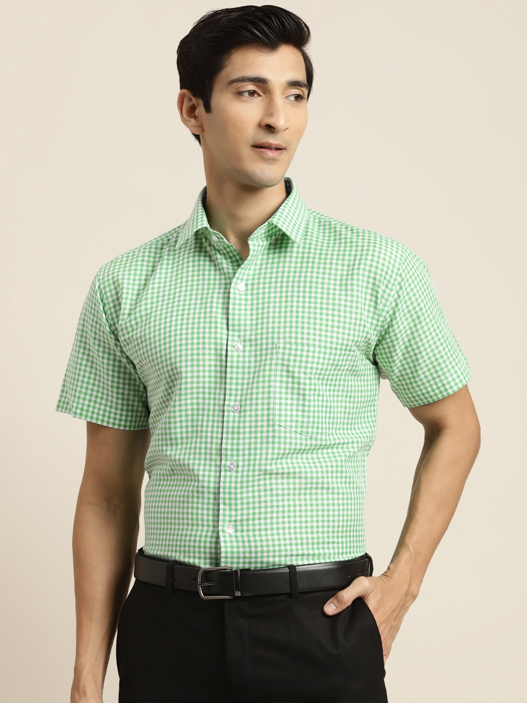 Men Green & White Checked Pure Cotton Short Sleeve Slim Fit Formal Shirt