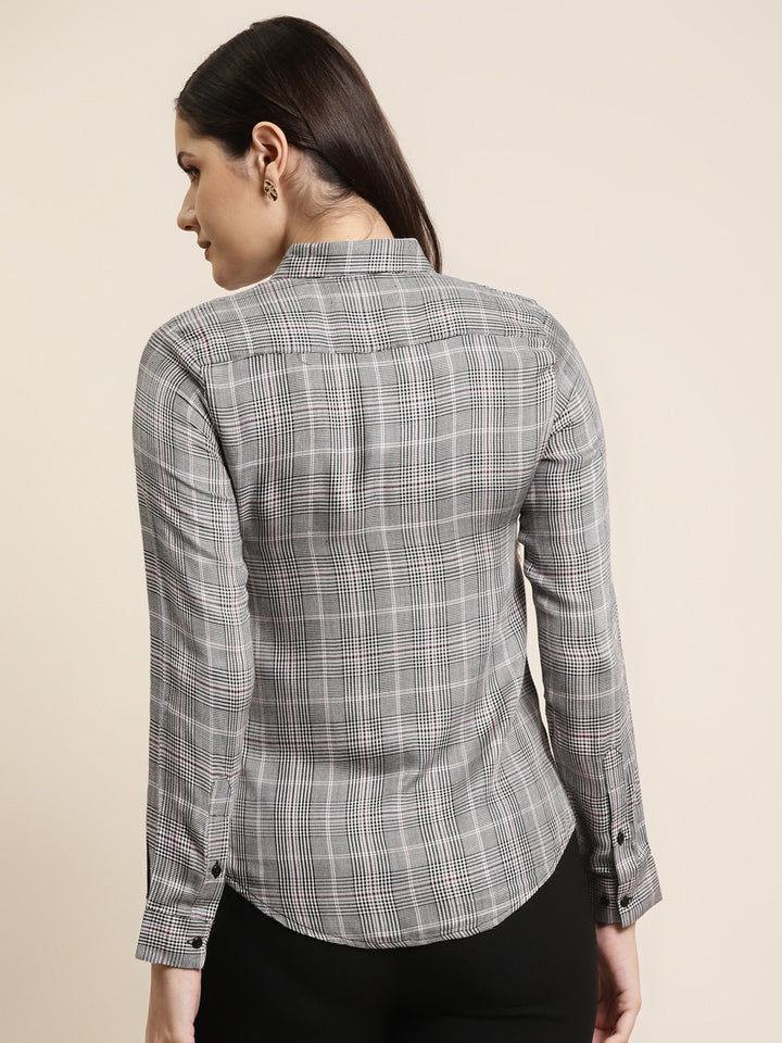 Women Grey Checks Viscose Rayon Slim Fit Formal Shirt