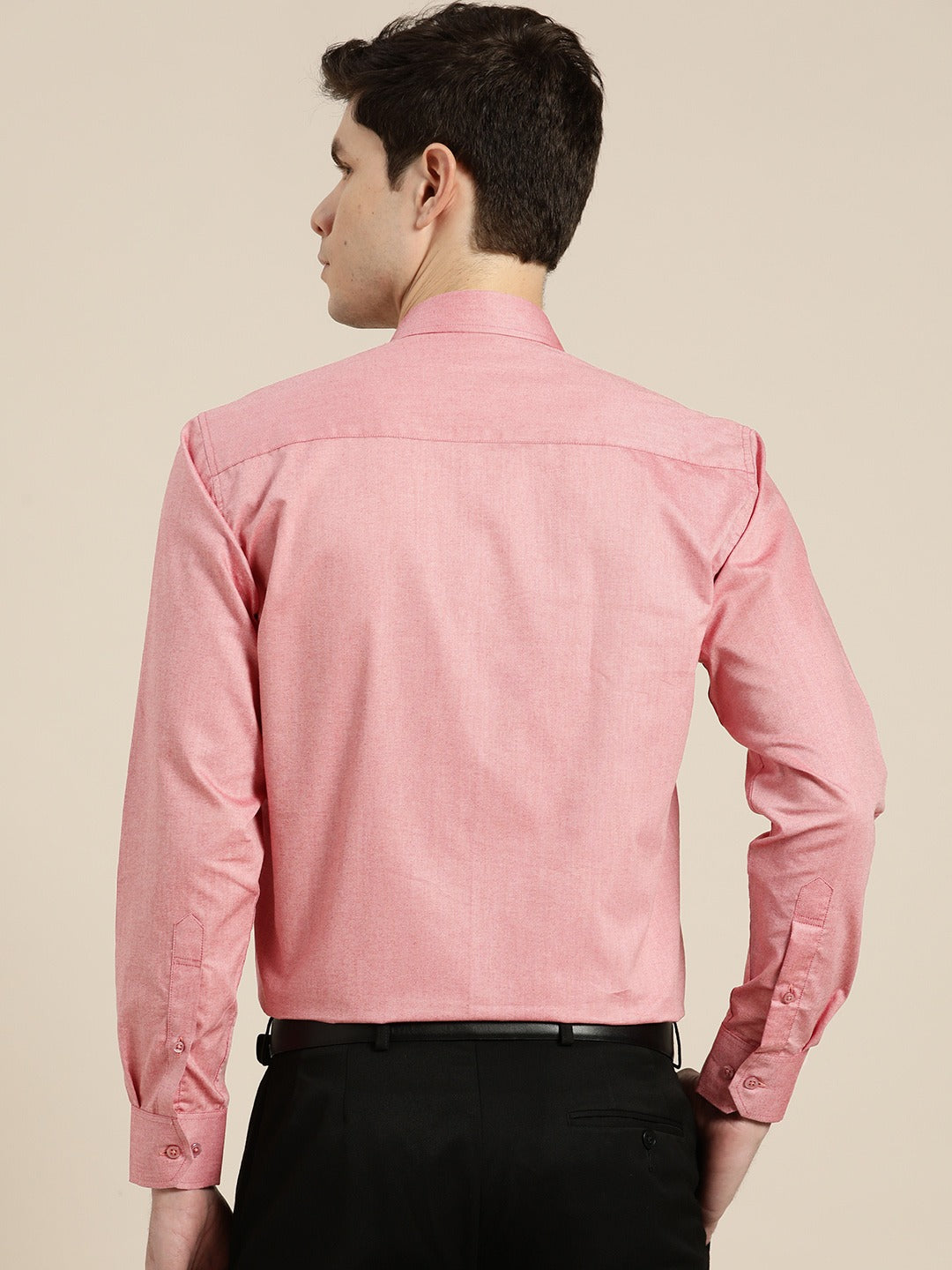 Men Coral Solid Chambray Button Down Collar Slim Fit Formal Shirt
