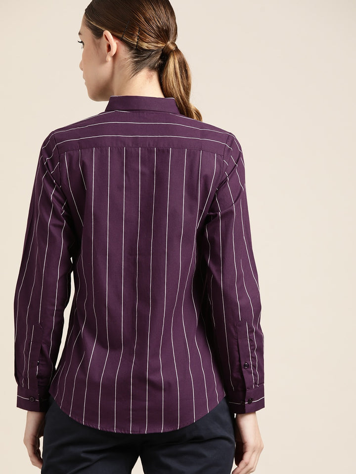 Women Wine Striped Pure Cotton Slim Fit Formal Shirt