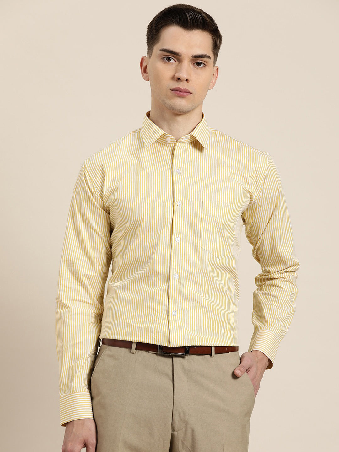 Men White & Yellow Stripes Pure Cotton Slim Fit Formal Shirt