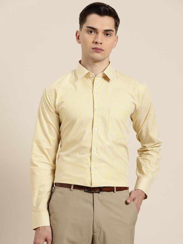 Men White & Yellow Stripes Pure Cotton Slim Fit Formal Shirt