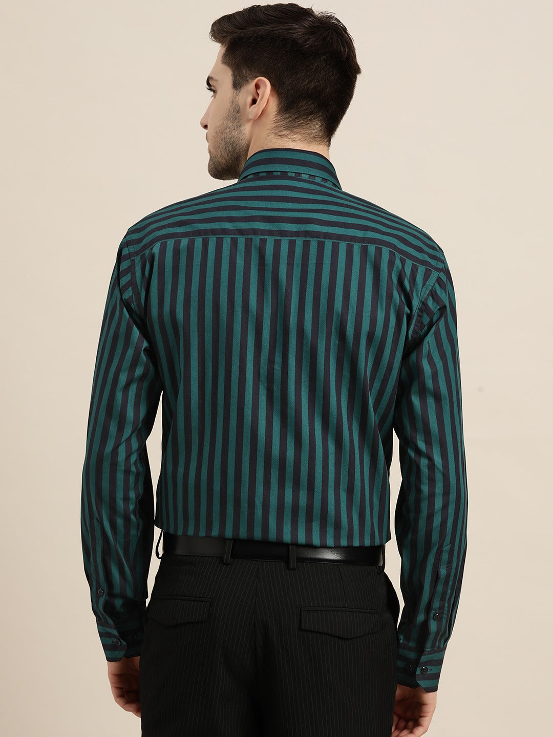 Men Green & Black Stripes Pure Cotton Slim Fit Formal Shirt